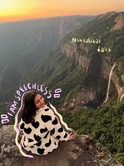 Speechless at Nohkalikai falls. The doodle text and outline express my awe at this incredible view.