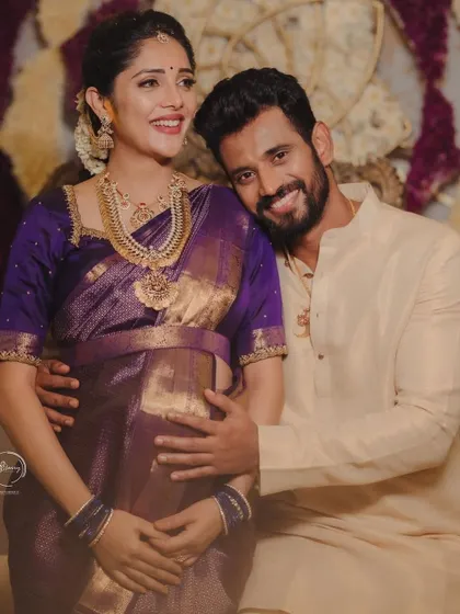 Being part of Milana and Krishna's journey, especially for their beautiful baby shower, has been an absolute joy. We designed this traditional purple Kanjeevaram saree and blouse to celebrate this precious new beginning for their family.