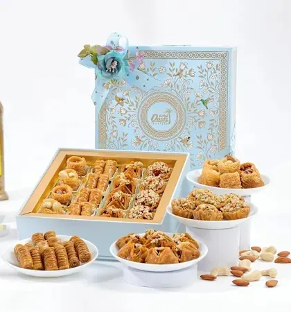 Our Royal Delight Hamper in a stunning sky-blue box. This gift set features a wide assortment of our best baklava, perfect for major festivals like Rakhi and Diwali.