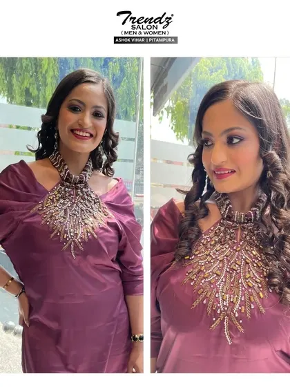 A diptych showing two angles of this beautiful party makeup. The soft curls and glowing skin create a look that is both glamorous and effortlessly chic.
