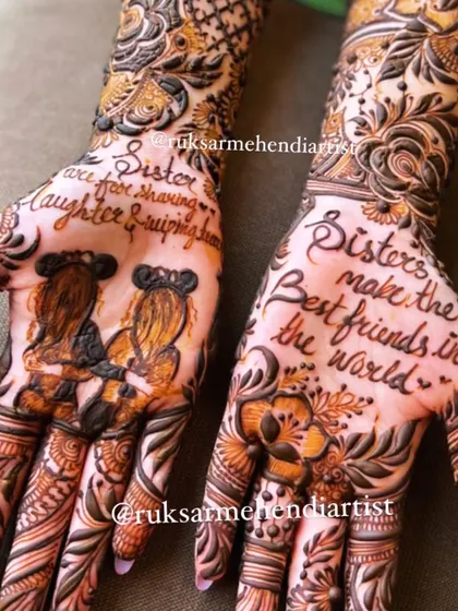 Another shot of the friendship-themed mehendi, perfect for best friends or sisters.