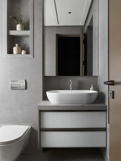 In the Ash Bathroom, we used a micro-concrete finish on the walls to create a seamless, modern look. The space is defined by clean lines, sleek storage, and a soothing neutral palette for a timeless feel.