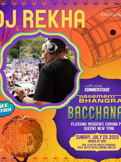 This flyer for Basement Bhangra Bacchanal captures the fusion of cultures. The design blends the dhol with the Unisphere, representing the mix of Punjabi and Caribbean sounds in the heart of Queens.