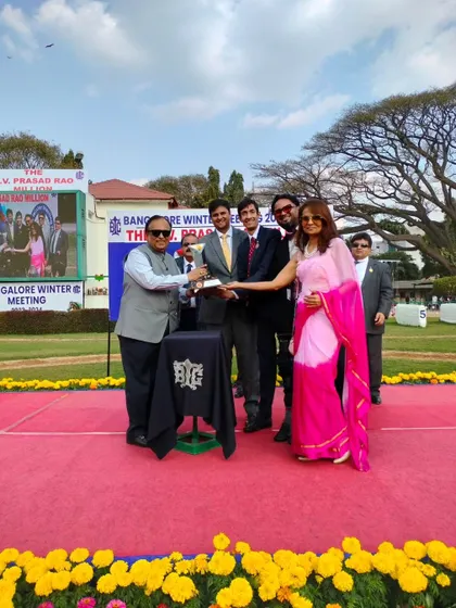 The Stayers' Trial Stakes trophy is presented to the winning connections of La Reina.