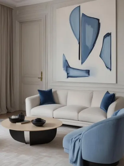 This living room pairs modern abstract art with soothing blue tones to create a calm, curated space. The clean lines of the furniture and the soft, neutral palette are inspired by the serene feeling of the coast.