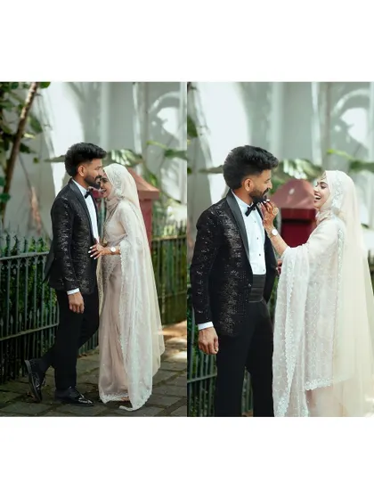 A collage of playful and romantic moments between the bride and groom, showcasing their chemistry.