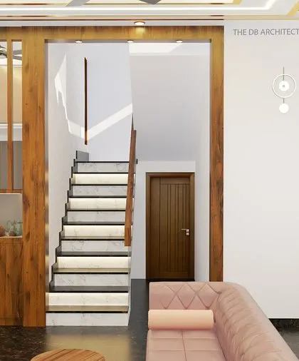 A duplicate of ID 68, this 3D render provides another look at the staircase and partition design. It emphasizes how functional elements like an aquarium can be beautifully integrated into the home's core structure.