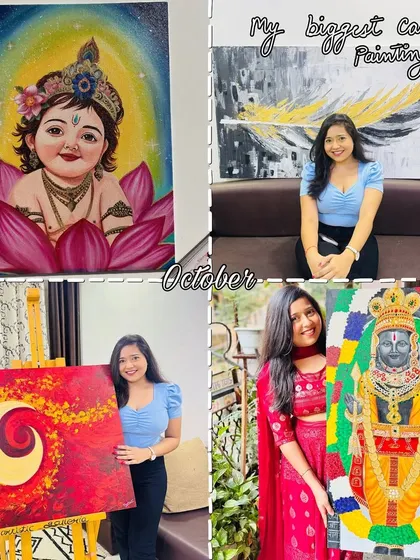 A recap of my art from October. This collage features some of my biggest and most colorful canvas paintings from that month, including a large abstract piece and a beautiful Tirupati Balaji portrait.