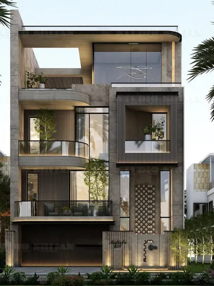 A residential building in Janakpuri on a 323 sq. yard plot. The design uses curved forms and a mix of materials to create a fluid and dynamic exterior.