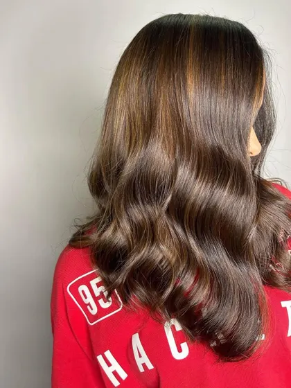 Another angle of the Irish Coffee Mocha, showing how the light catches the subtle highlights and creates movement in the hair.