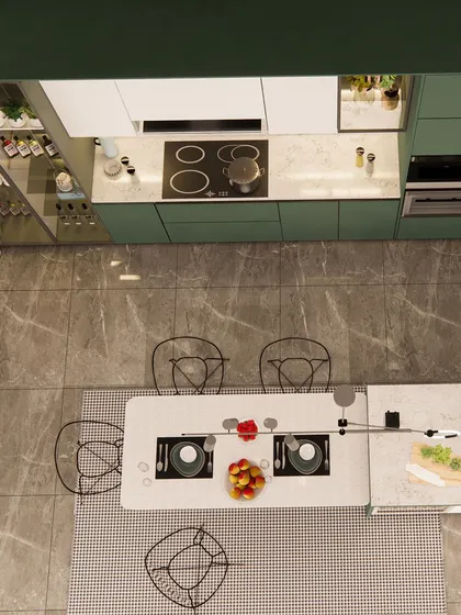 An overhead view of a large, modern kitchen with an integrated dining table, perfect for family gatherings.