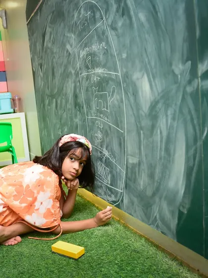 What masterpiece is she creating? Our giant chalkboard wall gives kids a huge canvas to draw, write, and express themselves freely.