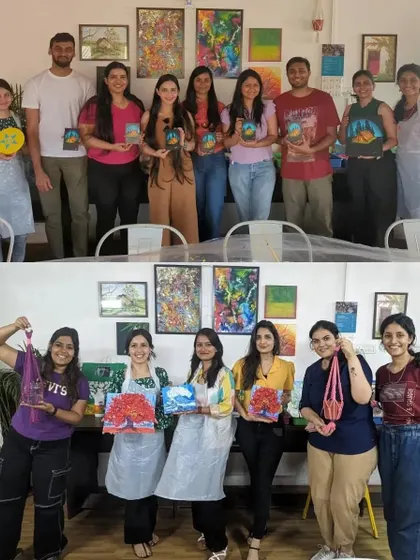 A collage capturing the fun and camaraderie of a weekend workshop, with groups showing off their finished paintings and macrame.