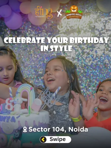 "Celebrate Your Birthday In Style." The birthday girl and her friends laugh with excitement as they gather around the cake.