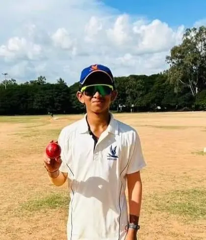 Pratyush G Shetty after a successful match, celebrating his selection for the KSCA U-14 Inter-Zonals.