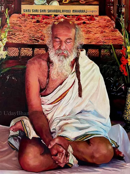 The final, completed oil painting of Shri Shri Shri Shivabalayogi Maharaj. This large-scale, 5.5-foot commissioned piece was a transformative journey of self-discovery and devotion.