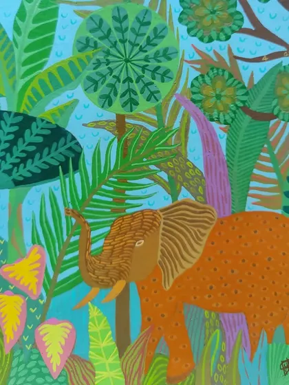 Another perspective of the custom elephant artwork, showing the animal walking through a forest of fantastical plants. The use of bright, contrasting colors gives the piece a playful energy.