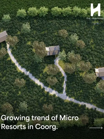 An aerial render illustrating the growing trend of micro-resorts in Coorg, where individual cabins are spread across a property to offer privacy and a connection to nature.
