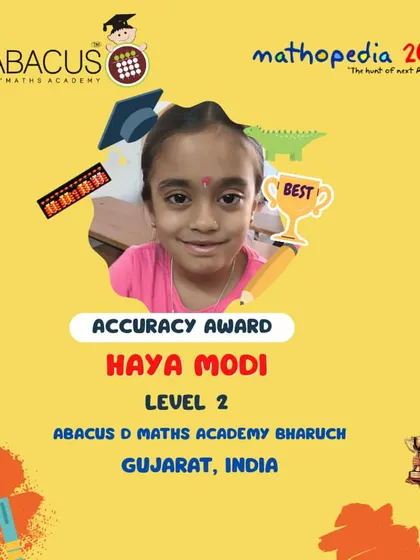 Haya Modi from Bharuch, Gujarat, celebrating her Accuracy Award.