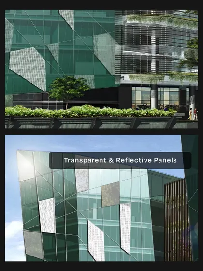 A detail shot of the facade, illustrating the interplay between transparent and reflective glass panels. This combination creates a visually complex surface that changes its appearance throughout the day.