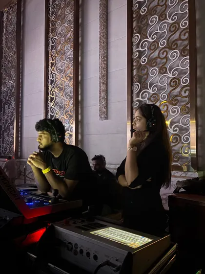 Our show callers, equipped with headsets, intently watch the stage at the TATA Sierra launch. Constant communication and focus are key to managing a live show.