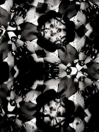 A groom's portrait seen through a kaleidoscope, creating a unique, abstract, and mesmerizing image. This is a fun technique I use for creative shots.