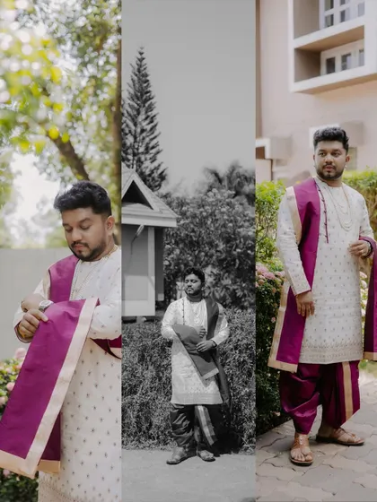 A triptych of the groom getting ready, showing him in both color and black and white, capturing his anticipation.