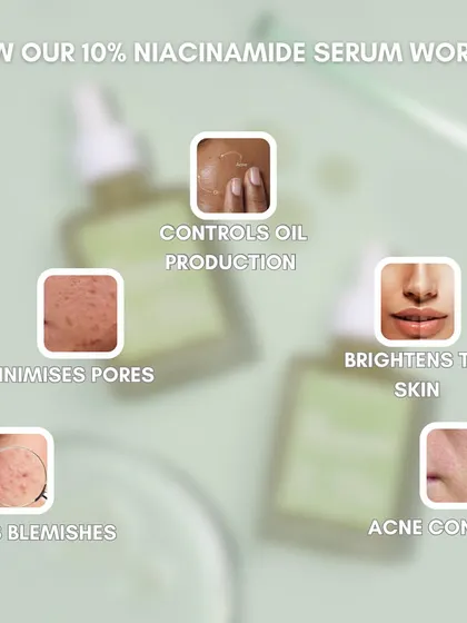 Here's how my 10% Niacinamide Serum works. It controls oil production, minimizes pores, fades blemishes, brightens the skin, and helps with acne control for a smoother complexion.