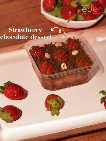 Our Strawberry Chocolate tub dessert, featuring layers of chocolate, cream, and fresh strawberries, sealed for travel.
