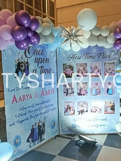 A personalized 'Once Upon a Time' welcome and milestone board for a Frozen-themed party for two sisters.