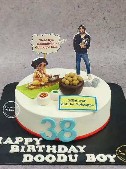 A fun and unique Golgappa cake! This design is for the ultimate street food lover, featuring an edible bowl of golgappas and a "MBA wali didi ke Golgappe" sign.
