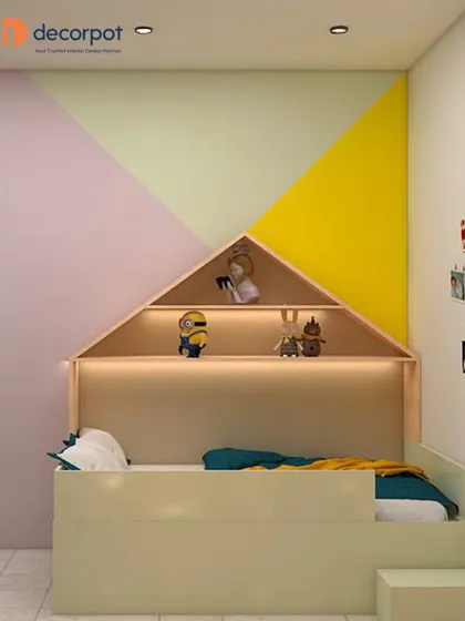 A whimsical kid's bed with a house-shaped headboard that doubles as a bookshelf. The pastel color-blocked wall adds a playful and modern touch to this imaginative space.