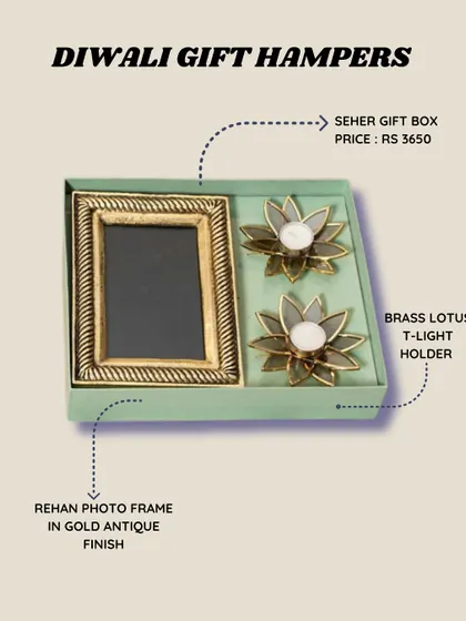 The Seher gift box is a charming hamper, pairing a Rehan photo frame with two of our popular brass lotus T-light holders.