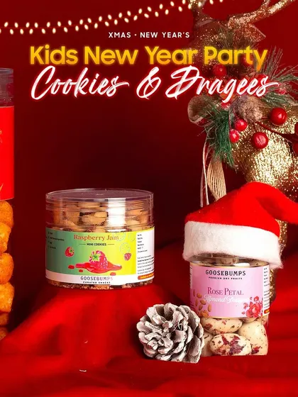 For the sweet-toothed little ones, the kids' party hamper includes Raspberry Jam Mini Cookies and Rose Petal Almond Dragees, perfect for a festive treat.