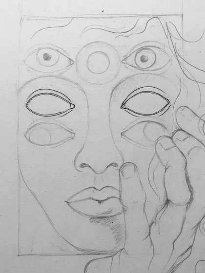 A duplicate of the initial pencil sketch for the multi-eyed portrait.