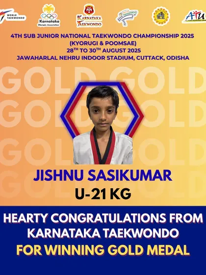 Congratulations to Jishnu Sasikumar for winning the Gold Medal in the U-21 KG category at the 4th Sub Junior National Taekwondo Championship. A fantastic achievement.