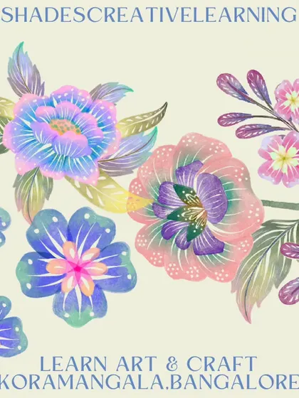 Learn art and craft with us in Koramangala, Bangalore. This colorful floral graphic represents the wide range of creative courses we offer, from Indian folk art to fabric painting.