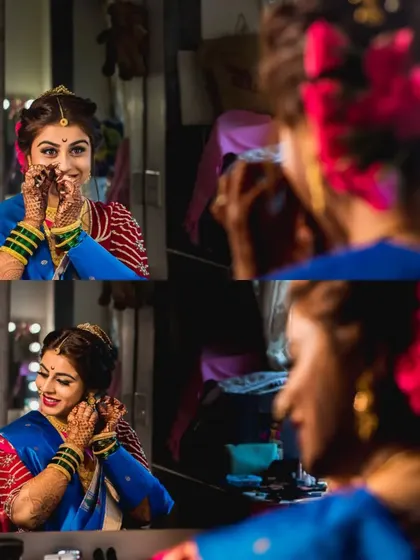 A collage of the bride getting ready in front of a vanity mirror, capturing her reflection and the final moments of her preparation.