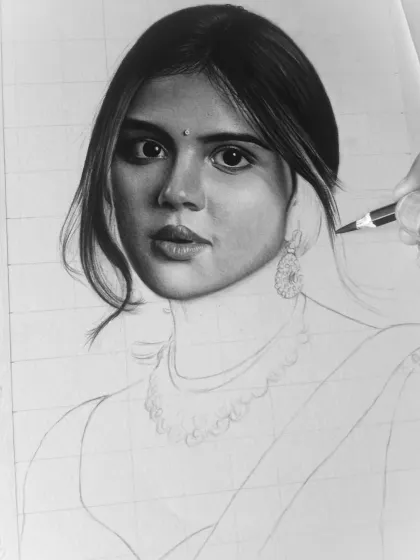 A close-up of me working on the hair in the Kalyani Priyadarshan portrait. This shows the fine, individual strokes I use to create a realistic flow.