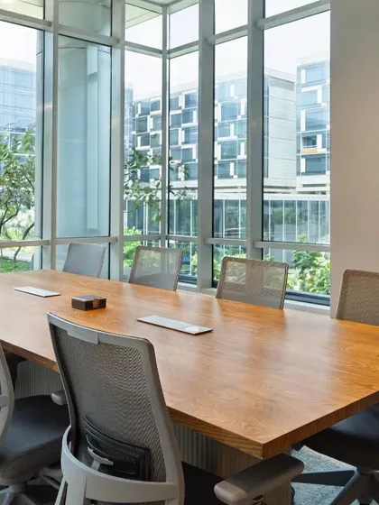 A conference room at the APT office, surrounded by floor-to-ceiling windows that offer views of the surrounding greenery. This connection to the outdoors makes for a calming and productive meeting environment.
