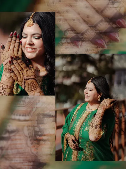 A collage focusing on the bride and the intricate details of her Mehandi. The rich green of her outfit and the deep red of the henna create a beautiful color palette.