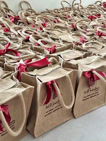 Another shot of the branded jute bags, showing the neat arrangement and consistent quality of our bulk orders.
