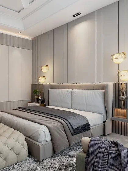 Another angle of the Vasant Kunj bedroom, showing the spacious layout, tufted bench, and ample wardrobe space.