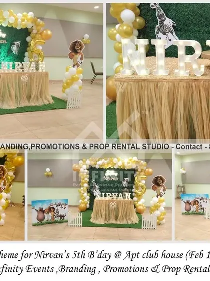 We brought the wild fun of Madagascar to this 5th birthday party at an apartment clubhouse. The decor features a grass wall backdrop with a balloon arch and character cutouts, creating a simple yet effective jungle vibe.