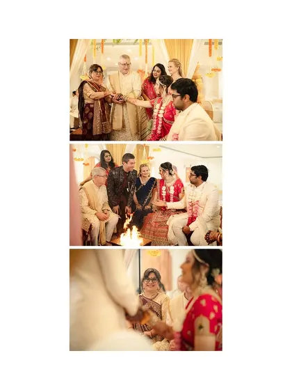 Another view of the multicultural wedding ceremony, highlighting the sacred fire and the involvement of the families.