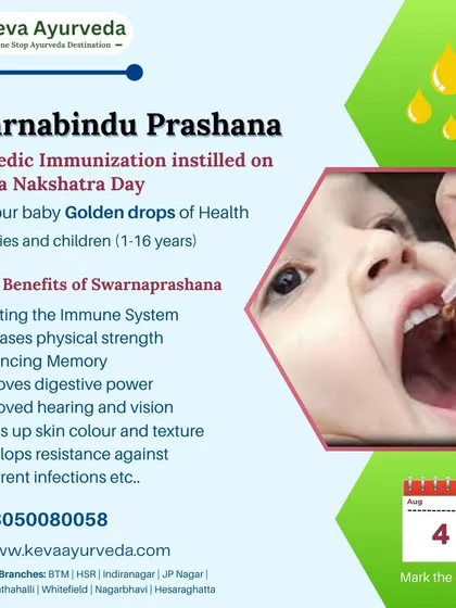 This image shows the core of our program, the administration of Swarnabindu Prashana drops. This simple, safe, and time-tested Ayurvedic immunization is given on the auspicious Pushya Nakshatra day to enhance your child's health and vitality.