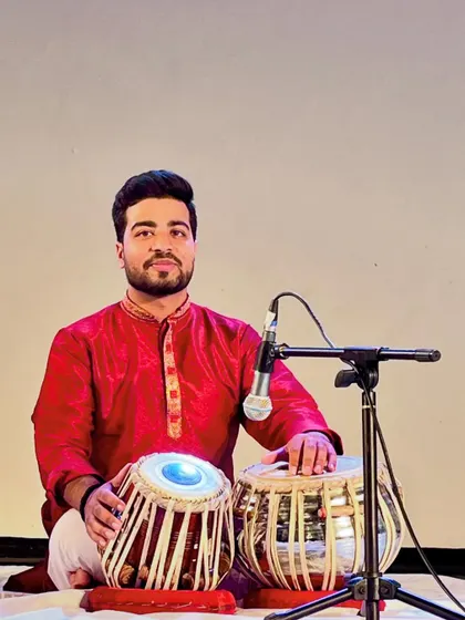 A portrait with my tabla before a solo concert, ready to begin the performance.