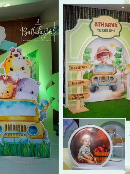 More details from Atharva's jungle safari, showing a jeep filled with friendly animals and a personalized photo of the birthday boy.