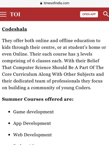 We are proud to be recognized by The Times of India as one of the top six coding classes in the country. This feature highlights our comprehensive curriculum, which includes game development, app development, and web development.