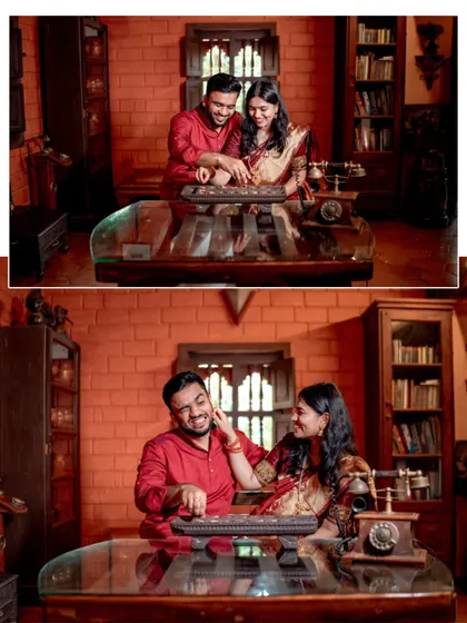 Playful moments from an indoor pre-wedding shoot, where the couple interacts with an antique board game in a vintage setting.